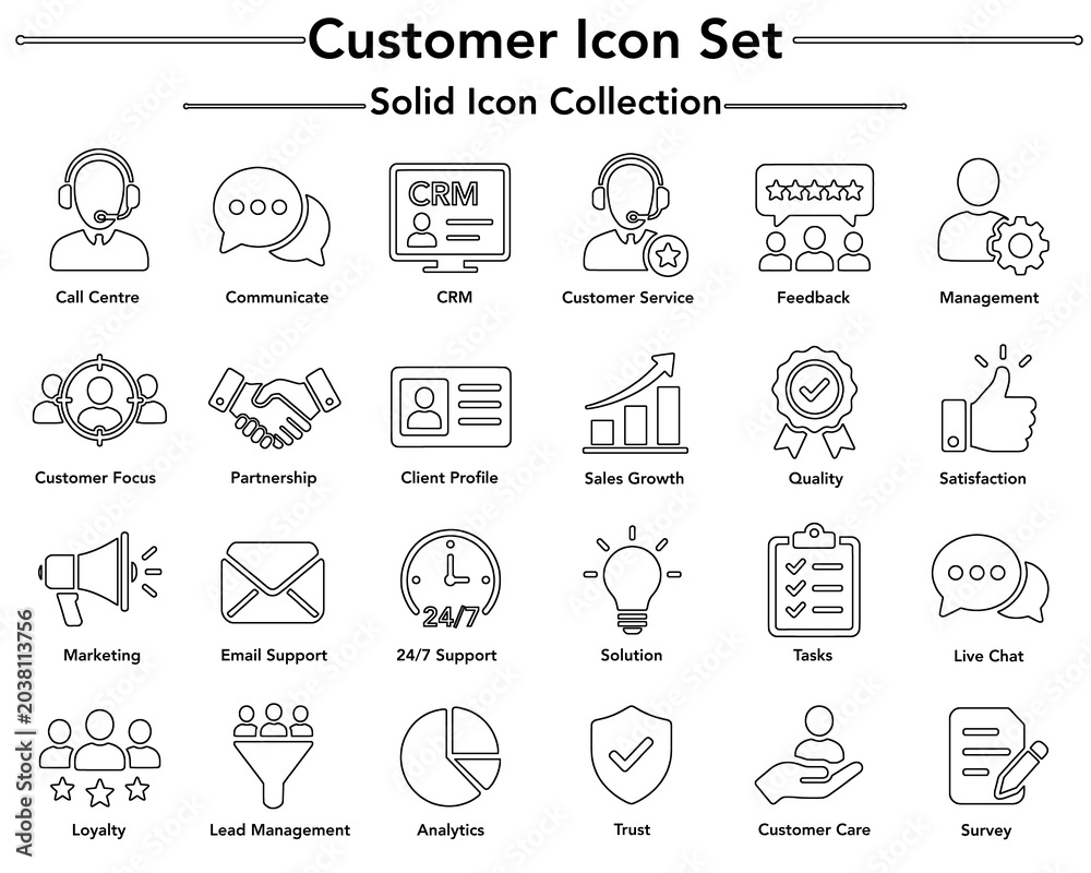 Fototapeta premium Customer Icon Set with 24 solid line icons, business service and CRM collection, professional support and client management symbols for web design