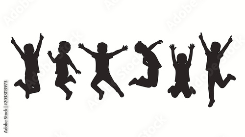 Foto Group of happy children silhouettes captured mid-air, expressing pure joy and bo