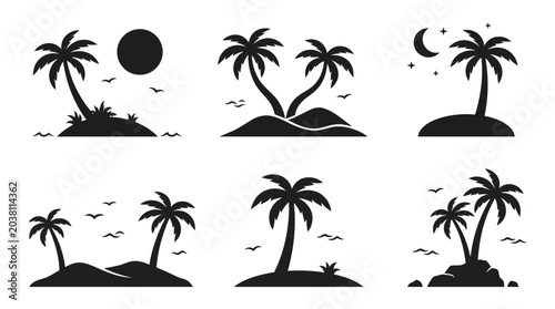 Foto Stylized Tropical Island Silhouettes Palm Trees, Sun, Moon, and Ocean Views