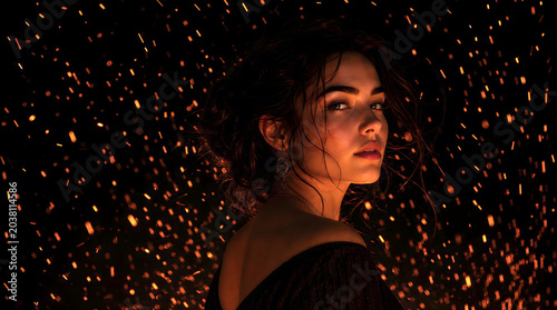 woman fashion model in dark standing in front of sparks