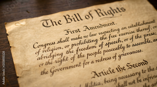 Close-up of United States Bill of Rights First Amendment on Vintage Parchment Paper Over Rustic Wooden Background with Warm Sunlight and Selective Focus