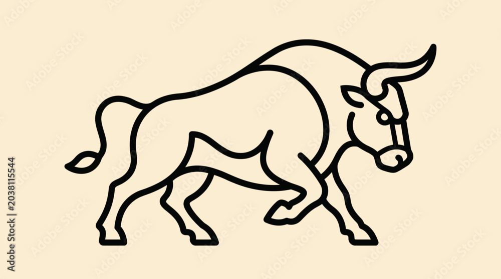 Fototapeta premium Powerful charging bull line art illustration. Strong animal symbol for business, finance, and strength concept.