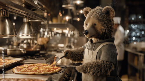 A detailed, anthropomorphic brown bear chef meticulously places a pizza onto a baking rack in a busy restaurant kitchen.