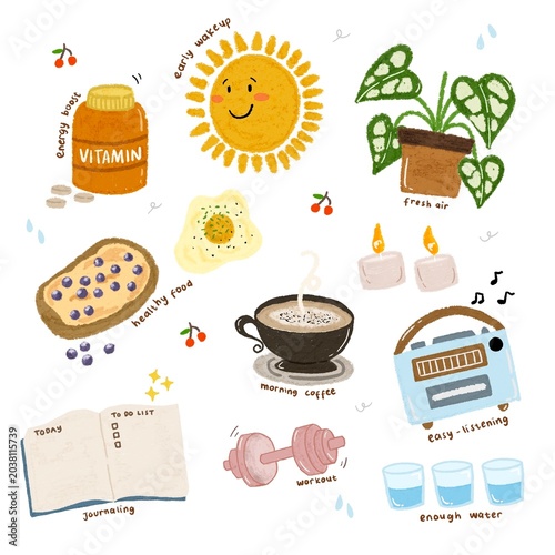 Foto Cozy Healthy Morning Routine Hand Drawn Doodles