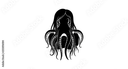 Photos Mysterious Black Octopus Head with Flowing Tentacles Silhouette