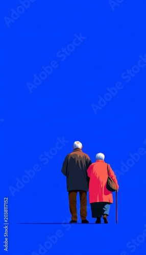 Elderly Couple Walking Against Blue Backdrop