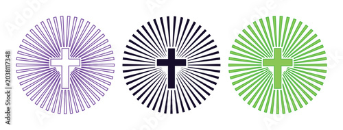 Fotografie Christian Cross Symbols, Radiant Sunburst Designs, Religious Icons in Purple, Bl