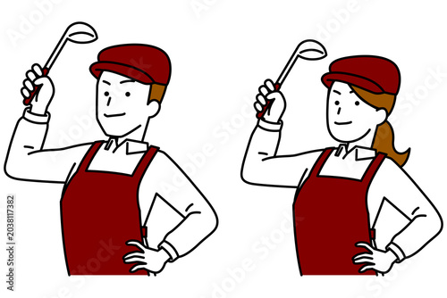 おたまを構えるカフェの男女の店員　セット