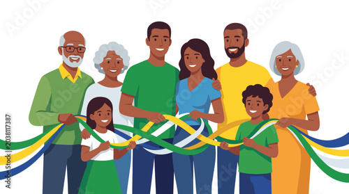 A vibrant multi-generational family stands united, cutting a ribbon with symbolic colorful strands, representing connection and shared heritage in a joyous moment of togetherness.