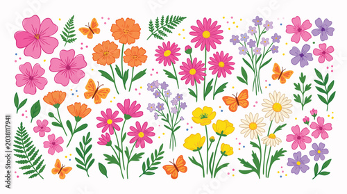 Cuadro en lienzo Colorful Spring Wildflowers Butterflies and Botanical Leaves Hand Drawn Flat Ill