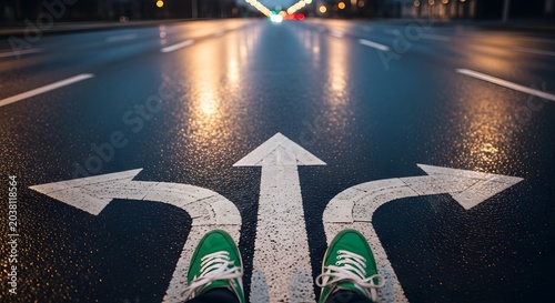 Person standing at a wet road fork with three direction arrows