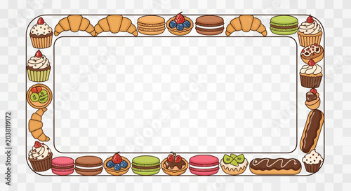 Konstfotografi Sweet Bakery Border Frame: Croissants, Macarons, Cupcakes, Eclairs, Pastries