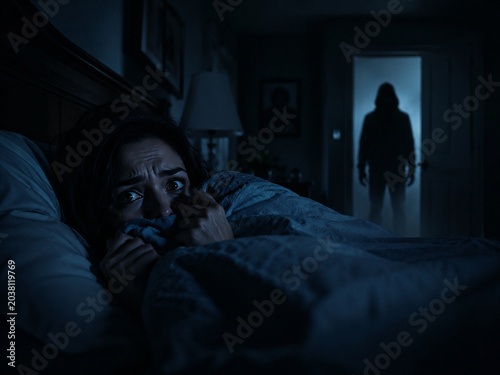 A scared woman cowering in bed, staring in terror at a dark silhouette in a bedroom doorway, cinematic horror scene.