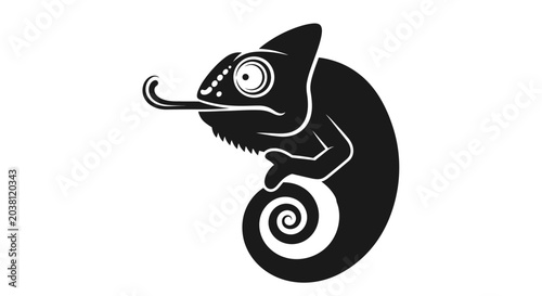 Canvastavla Black Silhouette Chameleon with Tongue Out, Isolated on White Background