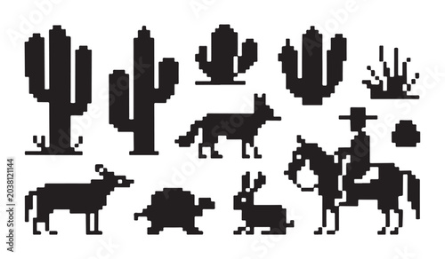 Foto Pixel art set with western desert scenery featuring cactus horse rider and animals vector