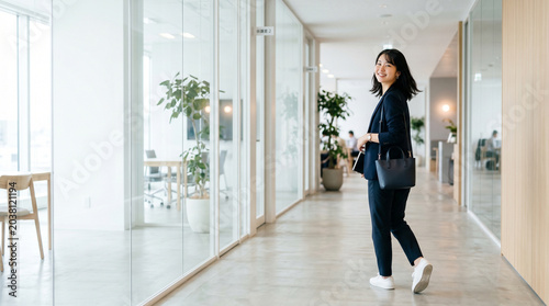 明るい自然光が差し込むモダンオフィスの通路を歩きながら振り返る若い日本人女性。
柔らかな笑顔が生まれる瞬間を捉えた自然なビジネスライフシーン。