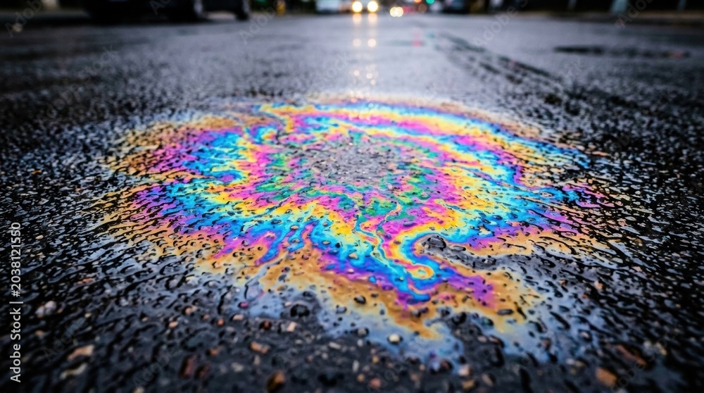 Obraz premium Colorful oil spill creates bright rainbow patterns on wet street surface in urban area. Scene shows details of texture and wetness after rain.