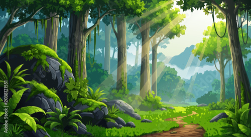Schilderij op canvas Lush Forest Path with Sunbeams Beautiful Vector Illustration of Nature and Seren