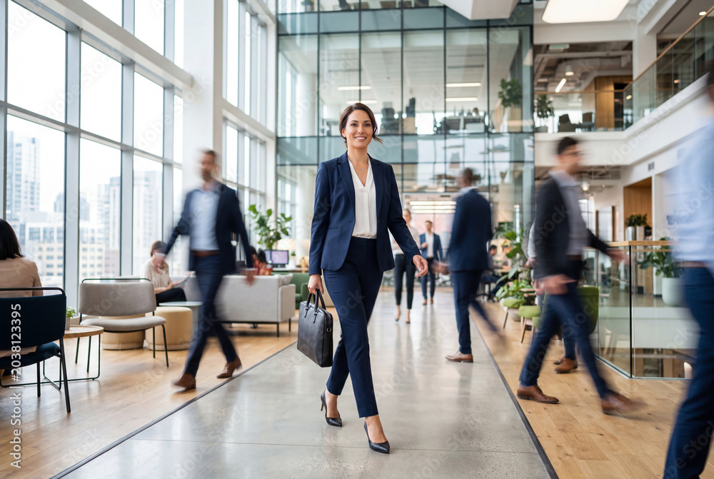 Fototapeta premium Smiling businesswoman walking in modern office lobby