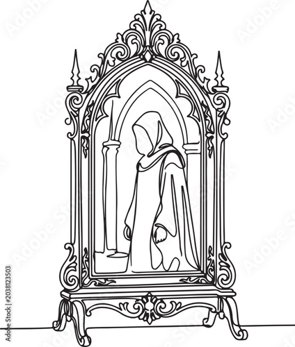 Fotografía Gothic-style archway enclosing a cloaked figure, creating an atmosphere of myste