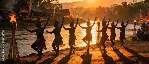 Indigenous Dayak people performing traditional tribal dance at sunset in Sarawak