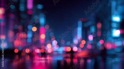 ネオンが反射する濡れた路面と都会の夜景の玉ボケサイバーパンク背景