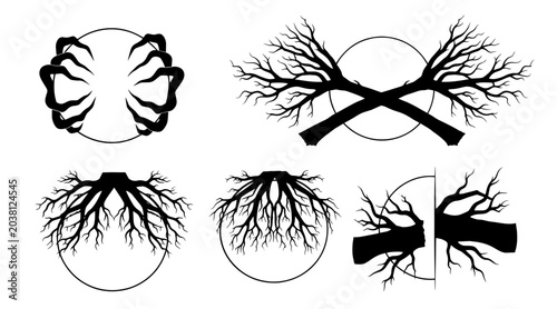 Bild auf Leinwand Set of Five Spooky Silhouette Graphics: Spooky Branches, Twisted Roots, and Mons