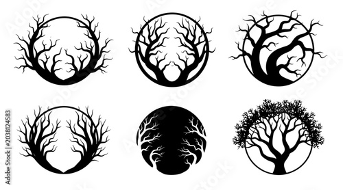 Collection of Six Spooky Bare Tree Silhouettes within Circular Frames, Perfect for Halloween or Gothic Design
