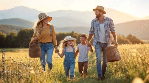 A happy family walks through a field at sunset.