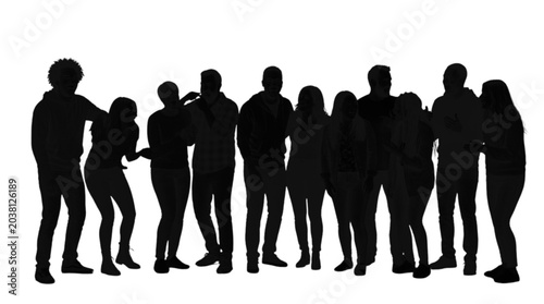 Foto A simple vector illustration of a diverse group of silhouetted people standing closely together in a straight line, ideal for teamwork, unity, or corporate themes