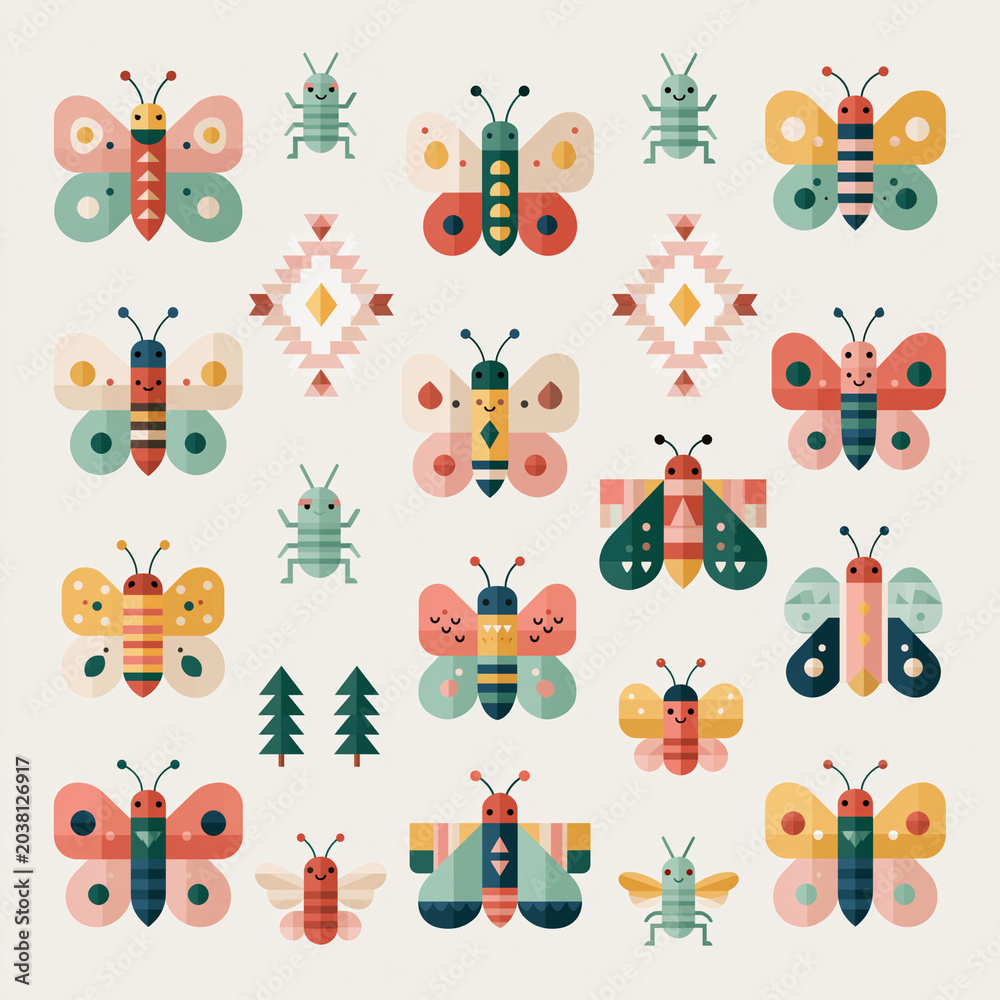 Obraz premium A flat colorful illustration shows a collection of geometric butterflies and insects arranged in a pattern on a white background