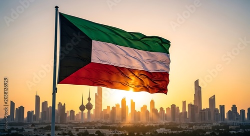 Kuwait Flag Fluttering Over Modern City Skyline at Sunset