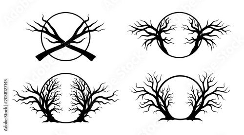 Tableau sur toile Set of Four Stylized Halloween Designs Featuring Silhouetted Bare Trees and Full