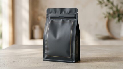 Black coffee pouch mockup with gold border on stone kitchen counter