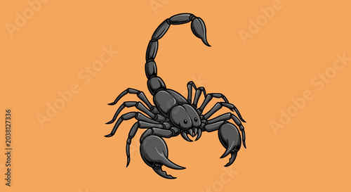 Bild auf Leinwand Scorpion Illustration, Black Arachnid on Orange Background, Dangerous Insect