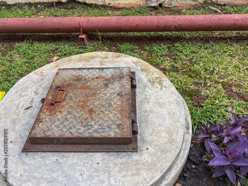 Foto Underground water tank, on the side of the road and there is a water pipe beside it