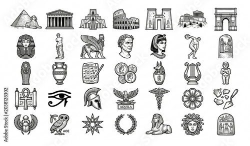 Schilderij op canvas Pack of ancient civilization vintage engraving illustration set with historical