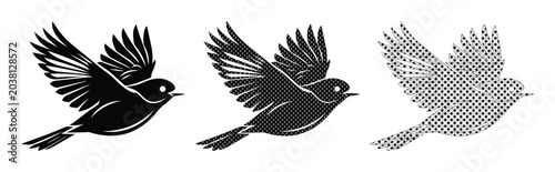 Foto Vintage bird flying vector set, black sparrow silhouette icons, retro woodcut st
