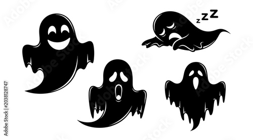 Tableau sur toile Collection of four black cartoon ghosts with different expressions on white back