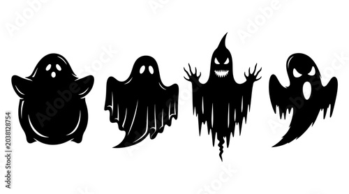 Tableau sur toile Four Black Ghost Silhouettes with Different Spooky Expressions on White Backgrou