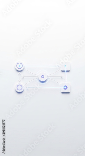 Abstract data diagram with connected shapes and glowing elements on white backdrop