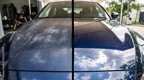 Dark blue car paint restoration before and after comparison view
