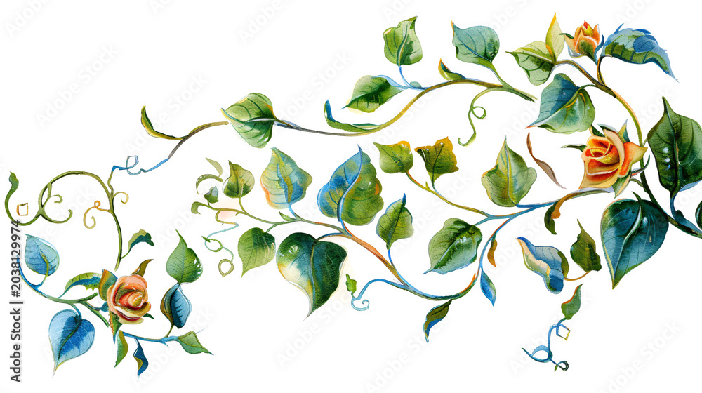 Obraz premium Watercolor vine swag with green leaves and orange roses