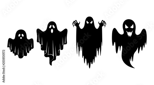 Canvas Print Four Black Silhouette Halloween Ghosts Facing Forward, Spooky Characters on Whit