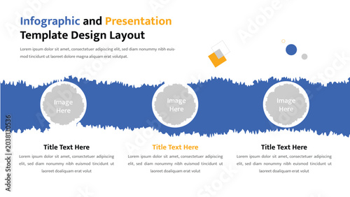Obraz na plátne Structured presentation layout with a prominent blue section and three image pla