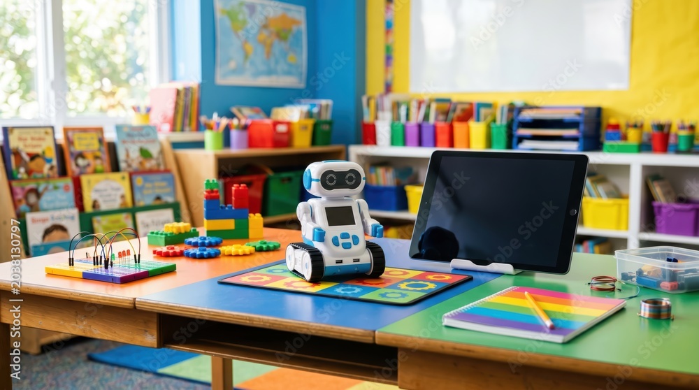 Naklejka premium Educational classroom desktop with coding robot toy tablet colorful learning materials and blocks arranged on activity table in bright schoolroom