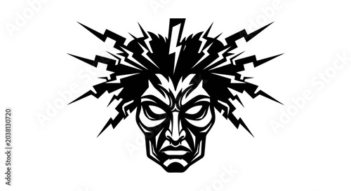 Cuadro en lienzo Aggressive Face with Lightning Bolt Hair - Black and White Vector Art