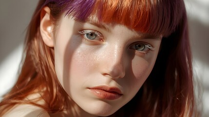 Portrait of a young woman with heterochromia eyes and partially dyed red hair in modern editorial photography.