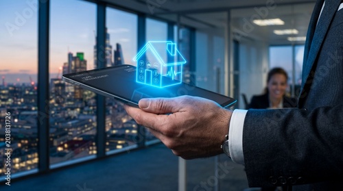 Businessman holding tablet with smart home hologram in office for real estate automation technology, IoT residential security system, and property management advertising.