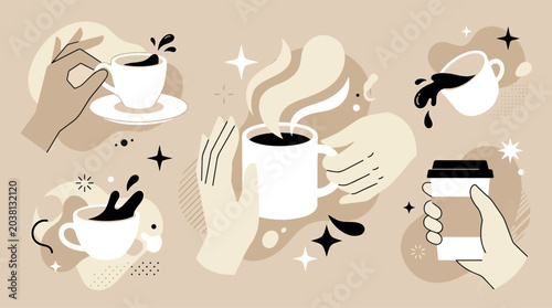 Foto Hands holding hot coffee mugs espresso cups and spilling drinks in a warm minima